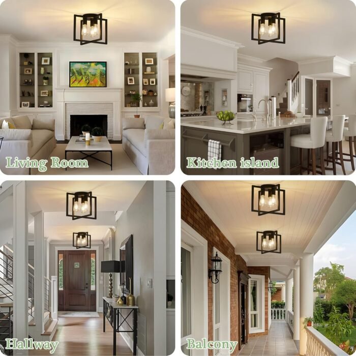 3-Light Ceiling Light Fixture, Black Semi-Flush Mount Chandelier with Geometric Metal Shade, Farmhouse Industrial Lighting for Kitchen Living Room Bedroom Hallway Foyer, E26 Base - Image 7
