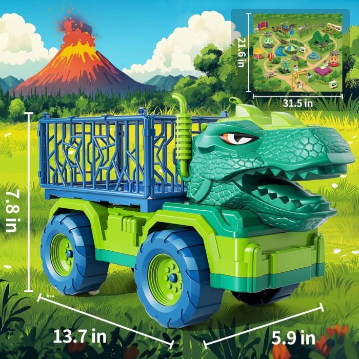 TEMI Dinosaur Truck Toys for Kids 3-5 Years, Tyrannosaurus Transport Car Carrier Truck with 8 Dino Figures, Activity Play Mat, Dinosaur Eggs, Trees, Capture Jurassic Play Set for Boys and Girls - Image 2