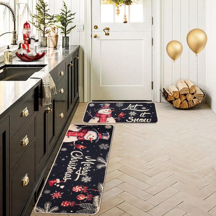 Christmas Kitchen Mats Set of 2, Snowman Winter Christmas Kitchen Decor Christmas Runner Rug and Mat Set, Low-Profile Kitchen Rugs for Floor(17x29 and 17x47 Inch) - Image 2