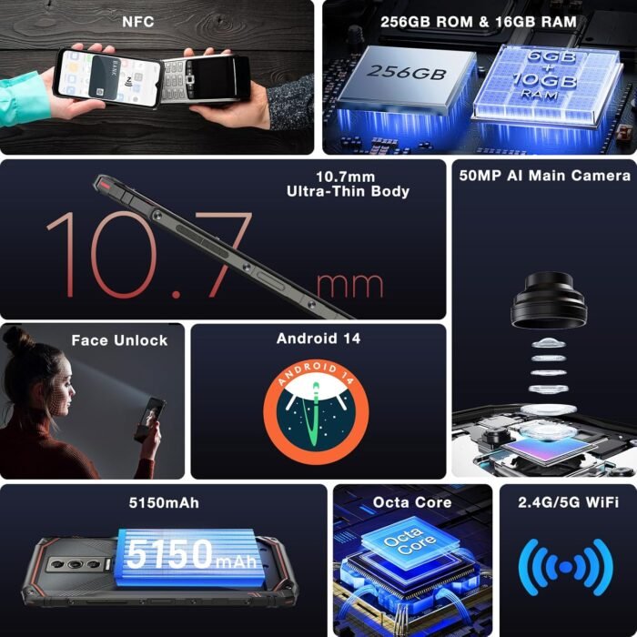 DOOGEE Blade 10 Pro Rugged Phone,10.7mm Ultra-Thin,16GB+256GB Rugged Smartphone,Android 14 Octa Core,6.56" HD+90Hz,50MP+8MP,IP68/IP69K Waterproof Phone,Widevine L1,NFC/Face Unlock - Image 2
