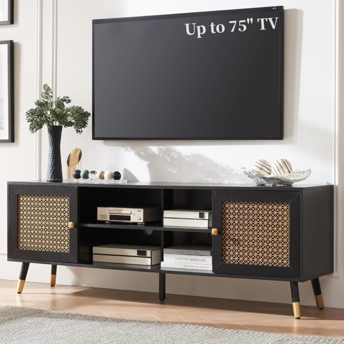 Modern Entertainment Center for TVs up to 75 inches, Boho TV Console with Storage Cabinet and Open Shelf, Black TV Cabinet, Large TV Stand for Living Room, Bedroom, Home Office