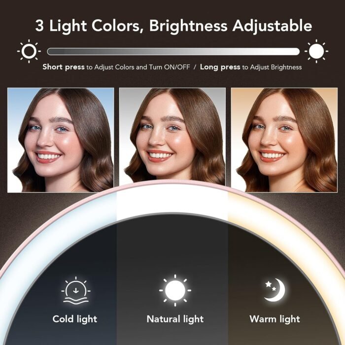 LitBear Travel Makeup Mirror with Lights, Rechargeable Double Sided 10X /1X Magnifying Mirror, Portable Lighted Beauty Mirror, 3 Color Lighting, Dimmable Touch Screen, Tabletop Handhold Hanging (Pink) - Image 4