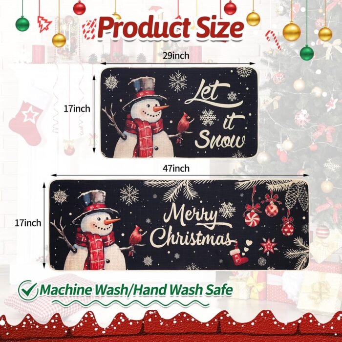 Christmas Kitchen Mats Set of 2, Snowman Winter Christmas Kitchen Decor Christmas Runner Rug and Mat Set, Low-Profile Kitchen Rugs for Floor(17x29 and 17x47 Inch) - Image 3