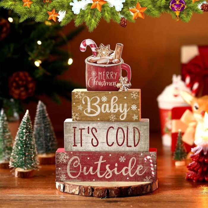 4 Pcs Wooden Christmas Tabletop Decor Christmas Cocoa Tiered Tray Decor Rustic Wood Hot Cocoa Block Sign Gift Merry Christmas Centerpiece Farmhouse Christmas Table Decor (Cocoa) - Image 3