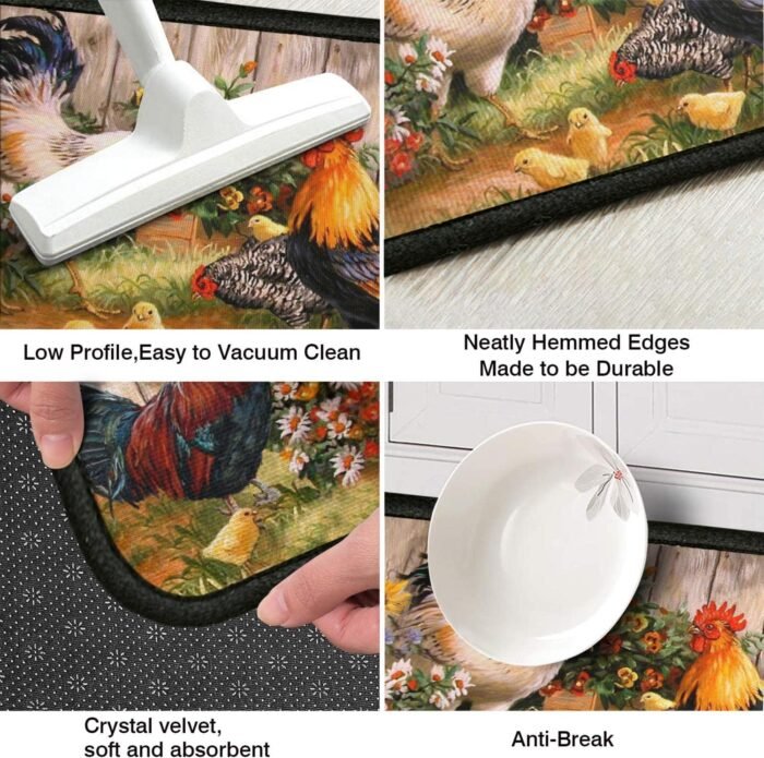 Rooster Kitchen Rugs 2 Piece Set Sunflower Decor Kitchen Floor Mat, Microfiber Washable Runner Rugs, Farmhouse Chicken Decorations Kitchen Mats,17"x47"+17"x30" - Image 7