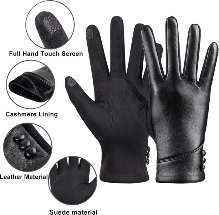 Womens Winter Leather Gloves Touch Screen Wool Lined Windproof Warm Suede Fashion Dress Gloves - Image 4