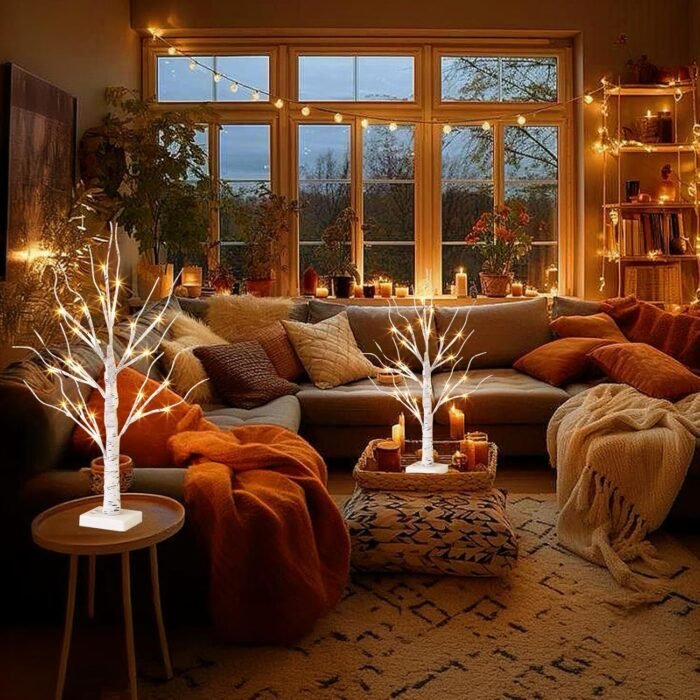 Vanthylit White Birch Tree with LED Lights - Set of 2, LED Tabletop Tree with Timer, Christmas Decorations Lighted Tree for Indoor Mantel Home Decor (2 FT, 24 LED) - Image 4