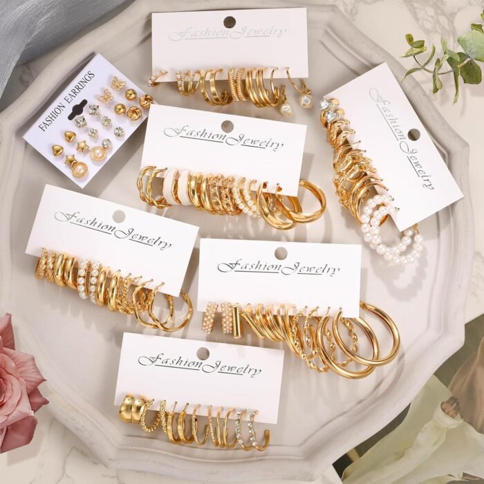 45 Pairs Gold hoop Earring Set for Women, Fashion Stud Pearl Earrings Multipack, Hypoallergenic Twisted Heart Earring Pack, Gold Hoops Earrings for Party Jewelry with Gift Bag - Image 3