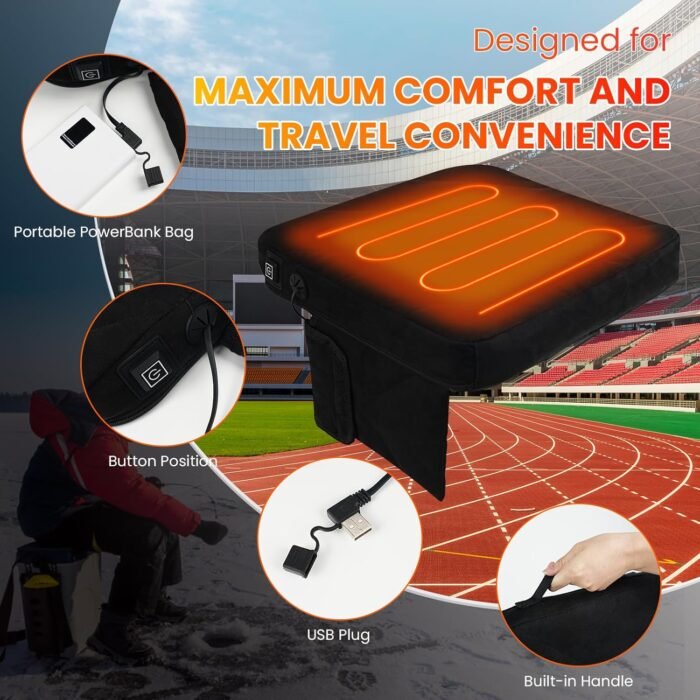 Heated Seat Cushions Portable Heated Stadium Cushion with USB Powered 3 Level Adjustable Temperature Waterproof Heated Seat Pad Outdoor Sports, for Camping Fishing Bleacher Park Work [No Power Bank] - Image 2