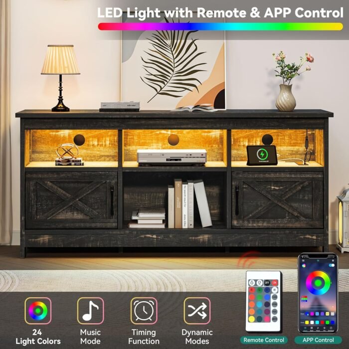 YITAHOME Farmhouse TV Stand with Power Outlet, Entertainment Center, LED Light Media Console, Simple TV Cabinet for Living Room or Bedroom, Dark Rustic Oak 59 Inch - Image 5
