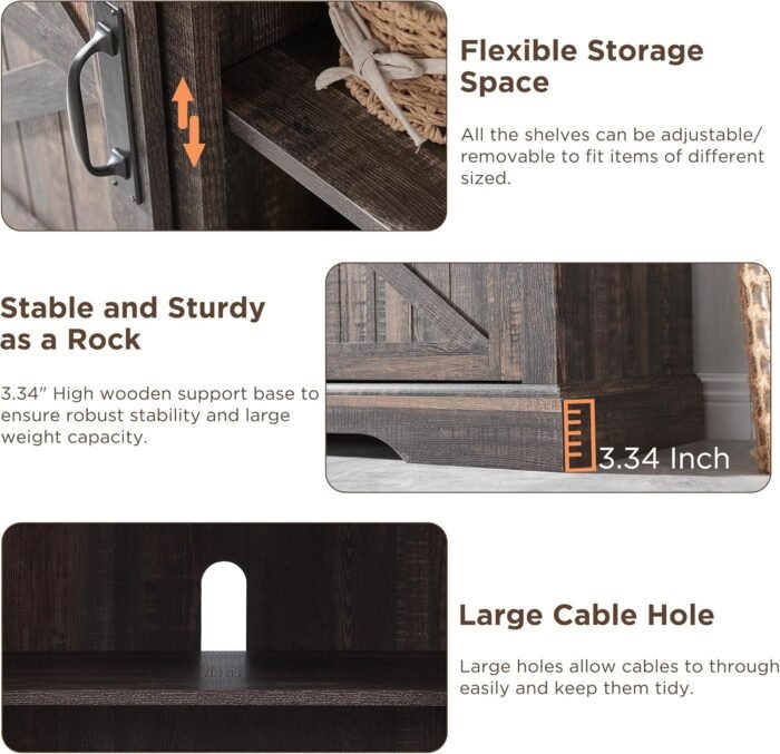 OKD Farmhouse Electric TV Stand for 65+ Inch TV, Rustic Entertainment Center with 18" Fireplace, Sliding Barn Door, Storage Shelves, Wood Media Console Cabinet for Living Room, Dark Rustic Oak - Image 4