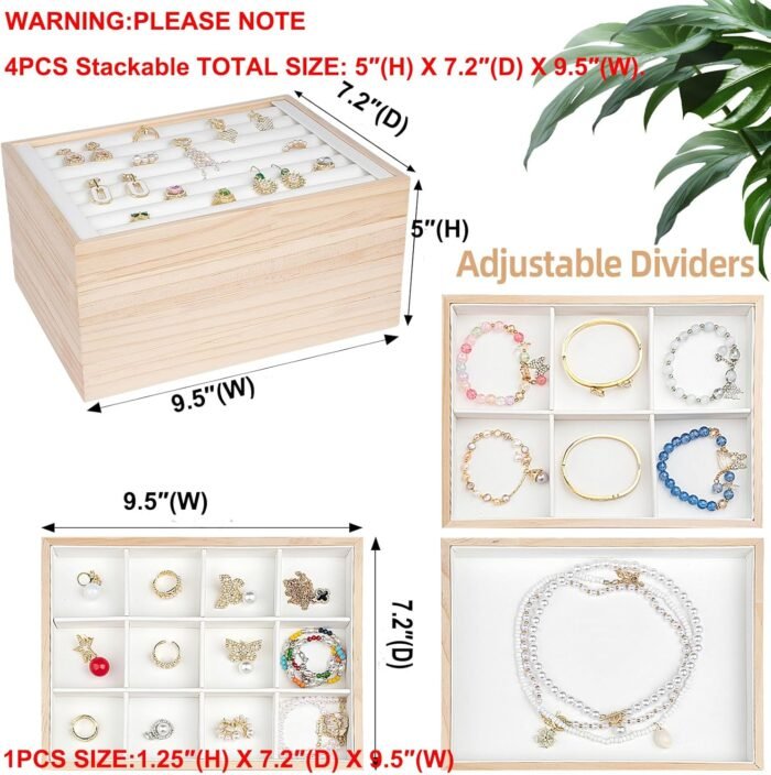 Wooden Stackable Jewelry Organizer Trays 4 Set, Wood Jewelry Storage Holder for Drawer Inserts, Jewellery Display Case Box for Earring Necklace Rings Bracelet w/Removable Dividers ((White) - Image 2