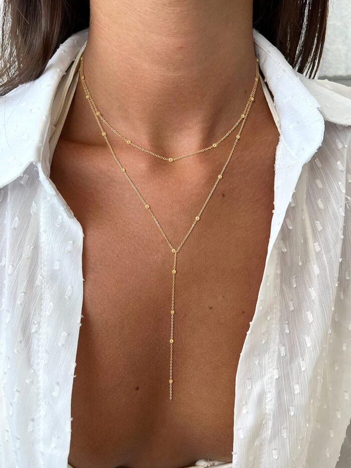 Foxgirl Lariat Gold Necklace for Women, Dainty Long Necklace 14k Gold Plated/Silver Y-Shaped Pendant Necklace Trendy Layered Cz Beaded Chain Drop Necklaces Simple Gold Jewelry For Women Gift - Image 3