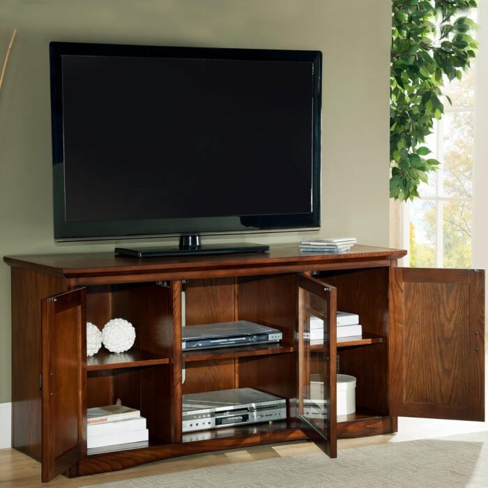 Leick Home 82350 Solid Wood Mission Oak Three Door TV Stand For 55" TVs Universal TV Console Living Room Storage Shelves Entertainment Center, Mission Oak - Image 9