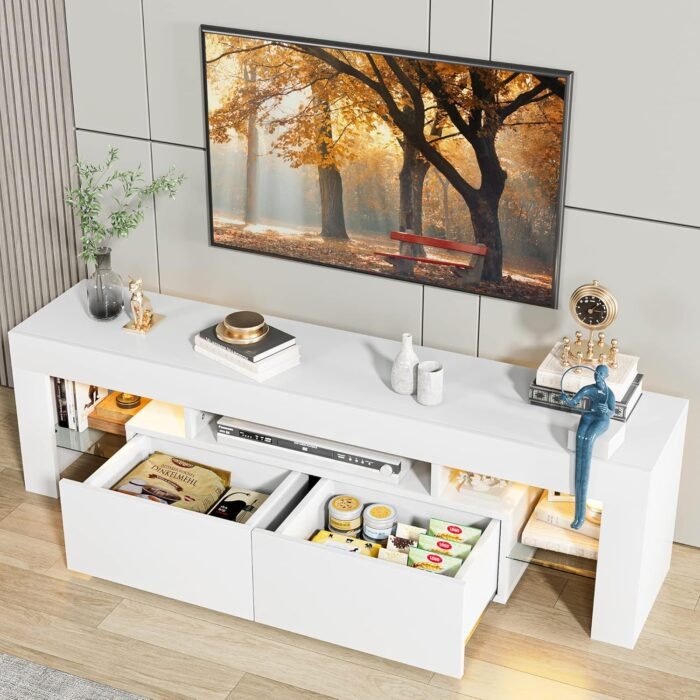 JUMMICO TV Stand, Modern Lighting TV Cabinet Entertainment Center Media and Open Shelf, TV Console Table with 1 Drawer and Remote Control, 20 Color LED Lights up to 70 Inch TV (White) - Image 6