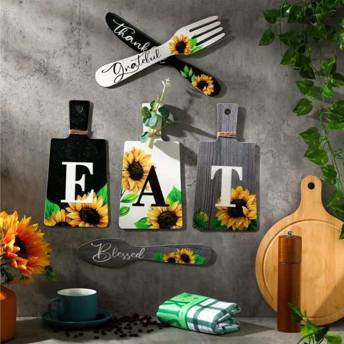 Bucherry Set of 6 Sunflower Kitchen Decor Sets Eat Signs Fork and Spoon Wooden Kitchen Wall Decor Hanging Plaques Farmhouse Sunflower Kitchen Decor and Accessories(Black, White, Gray) - Image 2