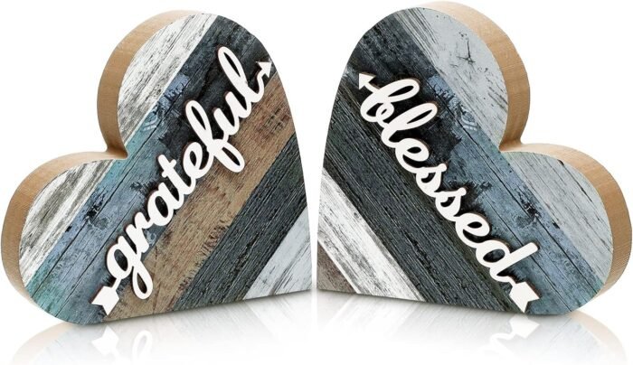Jetec 2 Pcs Rustic Wood Home Sign Farmhouse Love Wooden Heart Shaped Table Centerpiece Valentines Day Decoration for Home Kitchen Living Room Dining Room Table Decoration (Grateful Style)