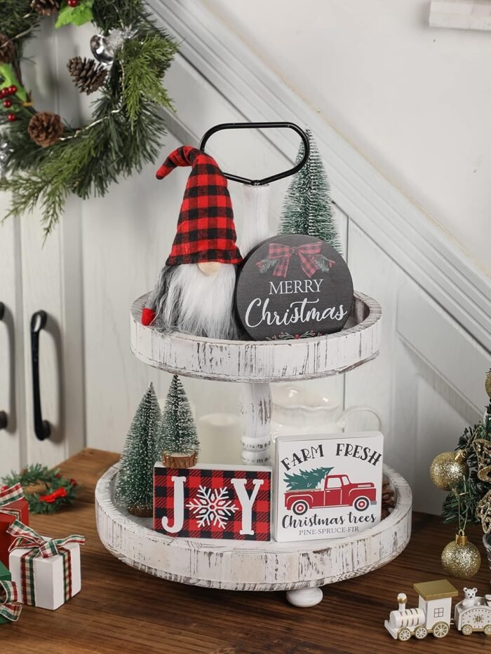 Christmas Tiered Tray Décor Set of 7, Merry Christmas Farm Fresh Truck, Joy Wood Sign Buffalo Plaid Gnome Plush and Christmas Trees, Farmhouse Table Home Party Shelf Fireplace Mantel Decor - Image 5