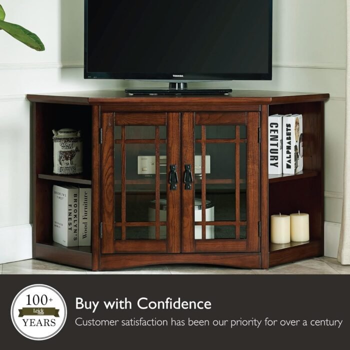 Leick Home 82287 Solid Wood Mission Oak Two Door Corner TV Stand For 50" TVs Living Room Storage Shelves Entertainment Center, Mission Oak TV Console - Image 5
