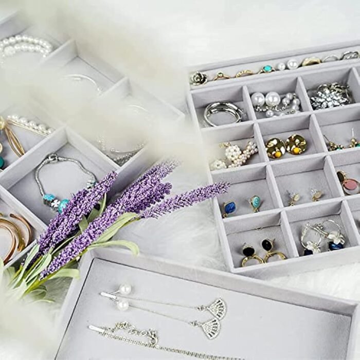 ProCase 3 Stackable Jewelry Trays Organizer Set for Drawers, Jewellery Drawer Insert Divider Jewel Display Storage with Removable Dividers for Earring Necklace Bracelet -Grey - Image 3