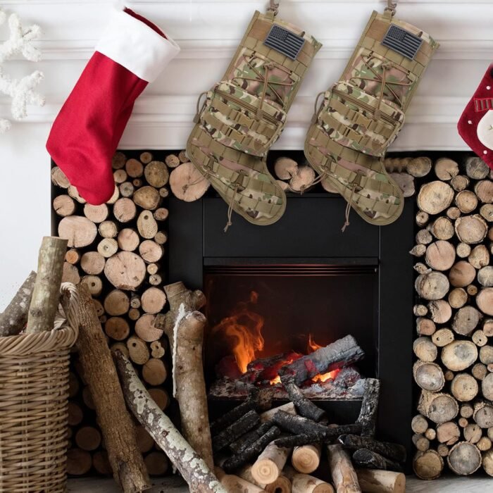 Tactical Christmas Stocking, with Flag Patch MOLLE Webbing, Zip Pocket, MOLLE Clips, Gift for Veterans Military Patriotic and Outdoorsy People, Khaki Camouflage - Image 2