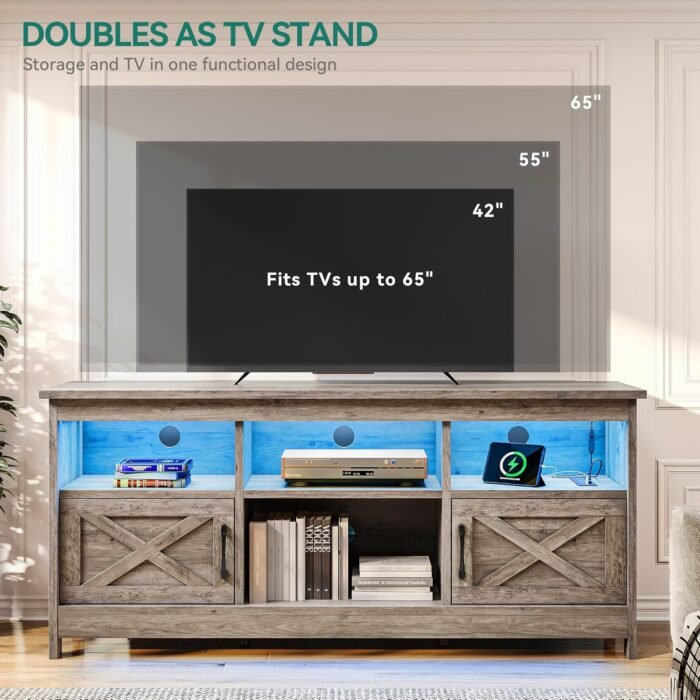 YITAHOME Farmhouse TV Stand with Power Outlet, Entertainment Center, LED Light Media Console, Simple TV Cabinet for Living Room or Bedroom, Rustic Grey 59 Inch - Image 7