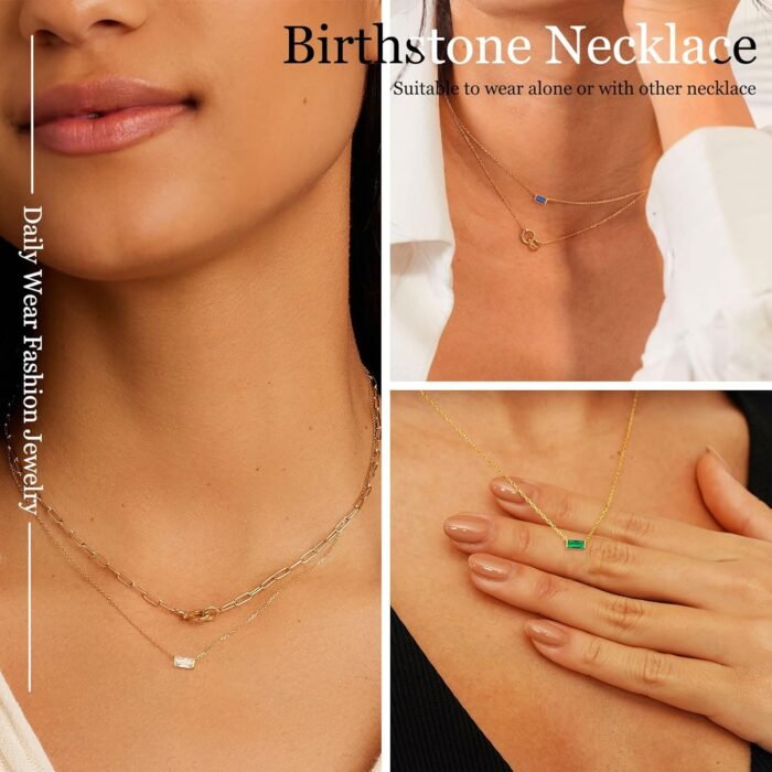 Birthstone Necklace for Women Dainty Trendy 14K Gold Plated Emerald Necklaces Simple Green Diamond Pendant Choker Blue Cute Cubic Zirconia Jewelry for Women Mothers Birthday Gifts - Image 6
