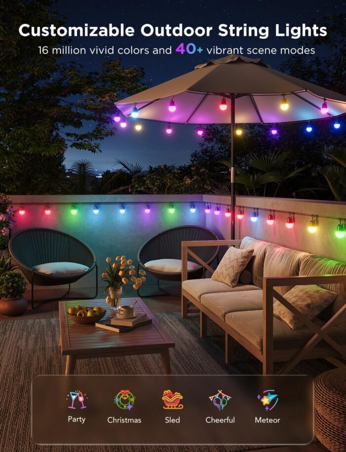 Govee Smart Outdoor String Lights 2, 144ft RGBIC Outdoor Lights with Dimmable Warm White LED Bulbs for Christmas, 47 Scene Modes for Patio, Backyard, IP65 Waterproof, Works with Alexa, App Control - Image 4