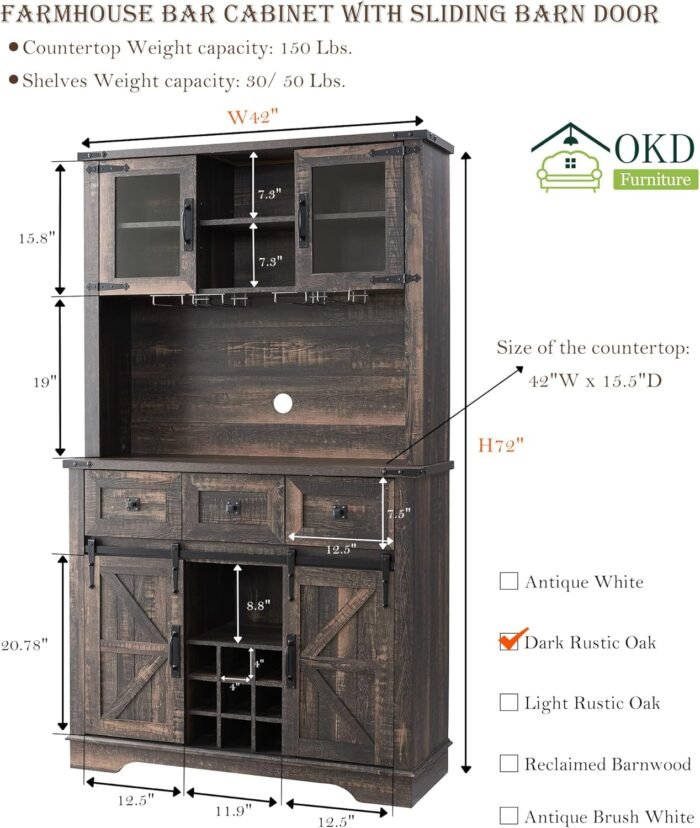 OKD 72" Farmhosue Bar Cabinet with Sliding Barn Door, Large Kitchen Buffet with Hutch w/Wine & Glasses Rack, 3 Drawers, 12 Storage Shelves, Rustic Coffee Bar Sideboard Table, Dark Rustic Oak - Image 2