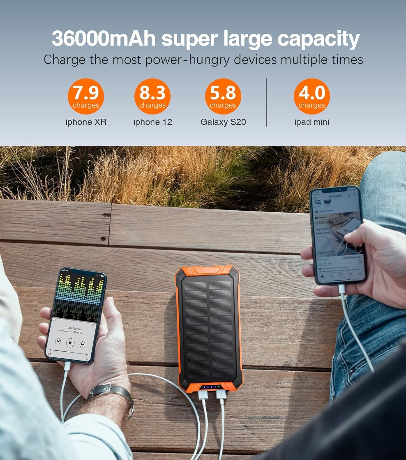 GOODaaa Power Bank Wireless Charger 36000mAh Built in 4 Cables Six Outputs 15W Fast Charging Power Bank for All Mobile Devices Three Inputs Solar Portable Charger with Dual Flashlights, Carabiner - Image 2