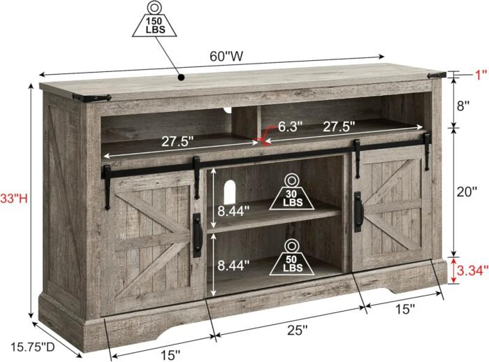 OKD Farmhouse TV Stand for 65+ Inch TV, 33" Tall Highboy Entertainment Center w/Sliding Barn Door, Rustic Media Console w/Storage Shelves, Wood Television Stand for Living Room, Light Rustic Oak - Image 3