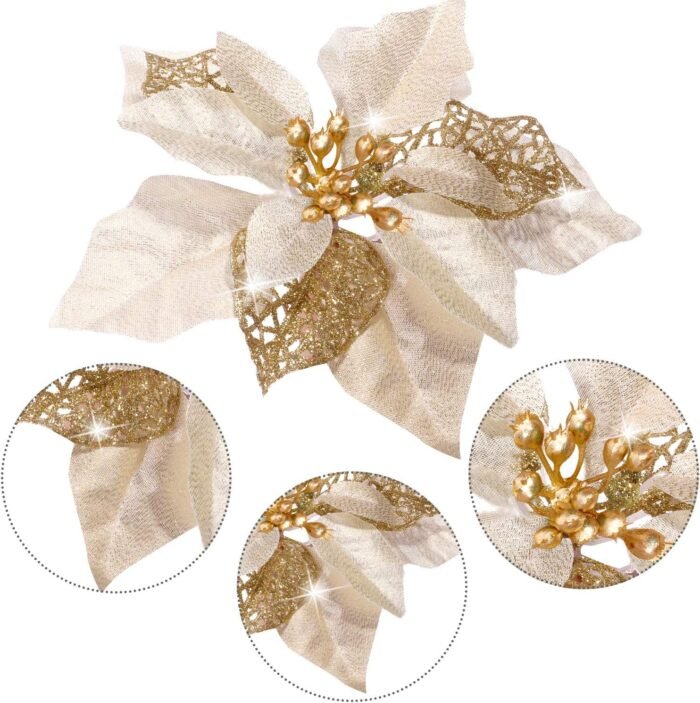 WILLBOND 36 Pieces Christmas Glitter Poinsettia Faux Flowers Christmas Flowers Decorations Wedding Xmas Tree New Year Ornaments(Gold) - Image 3