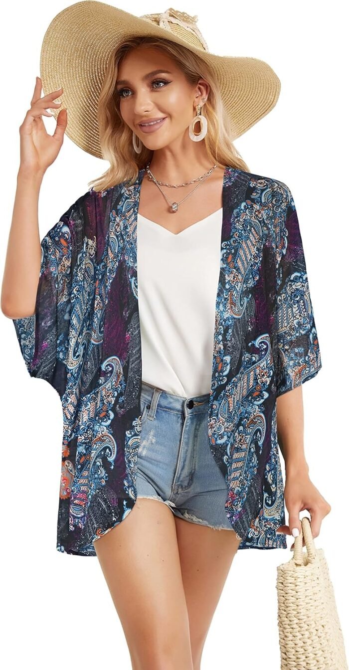 Women's Floral Print Puff Sleeve Kimono Cardigan Loose Cover Up Casual Blouse Tops - Image 3