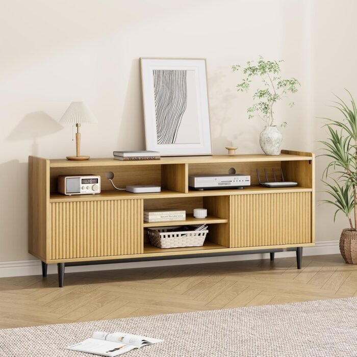 Fluted TV Stand for 70 Inch, Boho Entertainment Center with Storage and Sliding Doors, Wooden TV Cabinet with Adjustable Shelves, Under TV Stand for Living Room Bedroom, Natural Oak - Image 7