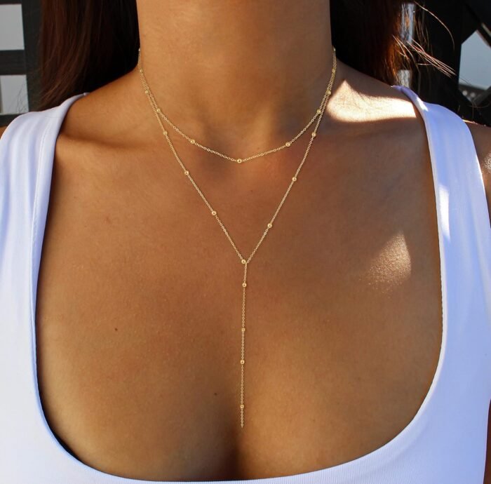 Foxgirl Lariat Gold Necklace for Women, Dainty Long Necklace 14k Gold Plated/Silver Y-Shaped Pendant Necklace Trendy Layered Cz Beaded Chain Drop Necklaces Simple Gold Jewelry For Women Gift - Image 2