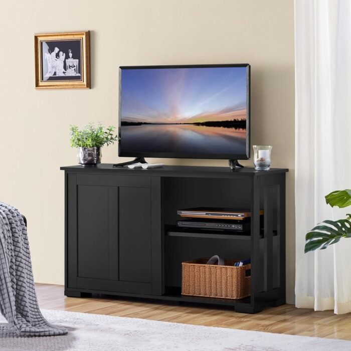 Yaheetech TV Stand, Wooden Storage Console Table with Sliding Door and Adjustable Shelf, Free Standing Cabinet for TV up to 45 Inch, Media Entertainment Center Home Living Room Furniture, Black - Image 2