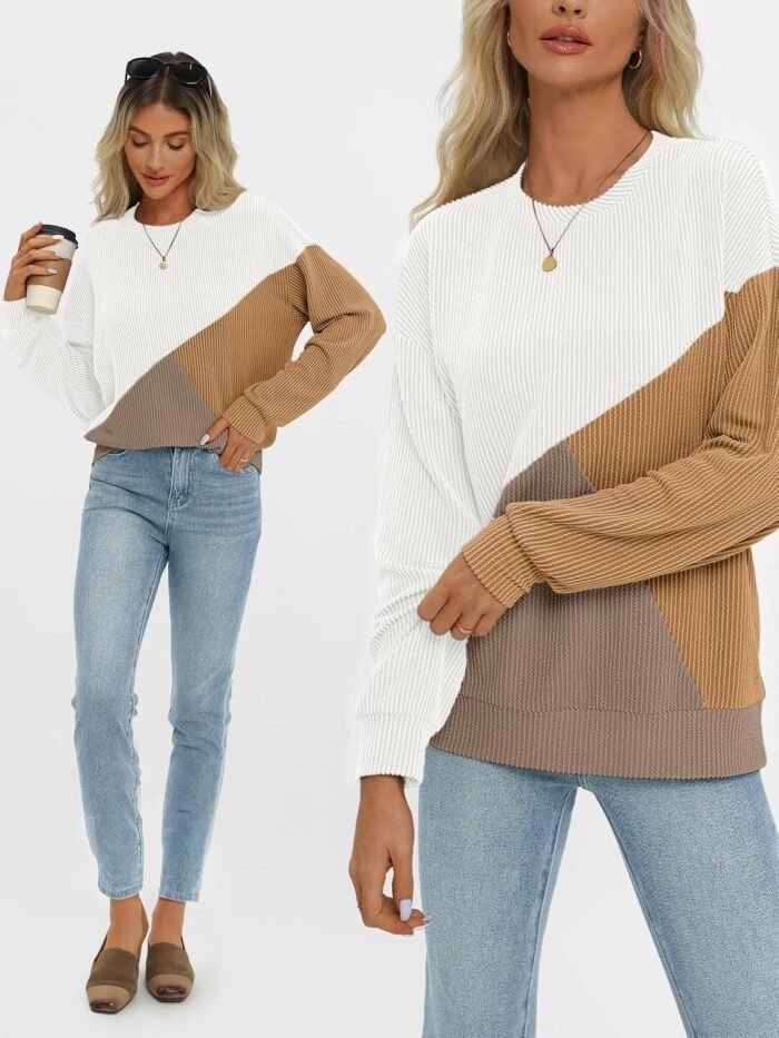 AUTOMET Womens Color Block Long Sleeve Top Crewneck Shirt 2024 - Image 3
