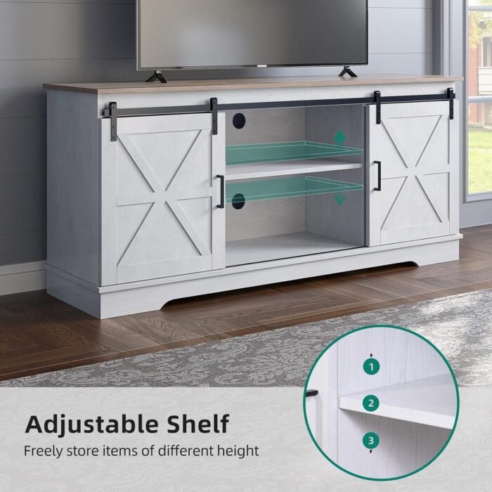 YITAHOME Farmhouse TV Stand for TVs up to 65 Inch, Entertainment Center with Sliding Barn Doors and Storage Cabinet, Rustic TV Media Console for Living Room, Grey White & Grey Wash - Image 5
