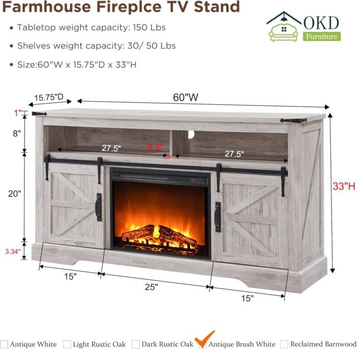 OKD Fireplace TV Stand for 65+ Inch TV, 33" Tall Highboy Farmhouse Entertainment Center w/ 23'' Electric Fireplace, Rustic Media Console w/Sliding Barn Door for Living Room, Antique Brush White - Image 6