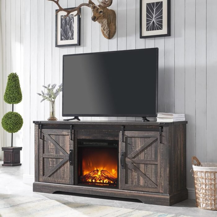 OKD Farmhouse Electric TV Stand for 65+ Inch TV, Rustic Entertainment Center with 18" Fireplace, Sliding Barn Door, Storage Shelves, Wood Media Console Cabinet for Living Room, Dark Rustic Oak
