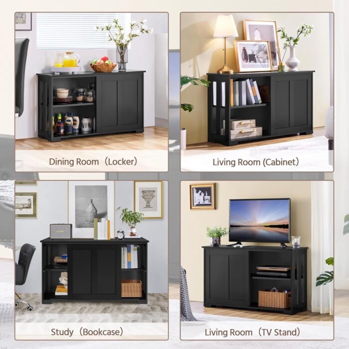 Yaheetech TV Stand, Wooden Storage Console Table with Sliding Door and Adjustable Shelf, Free Standing Cabinet for TV up to 45 Inch, Media Entertainment Center Home Living Room Furniture, Black - Image 3