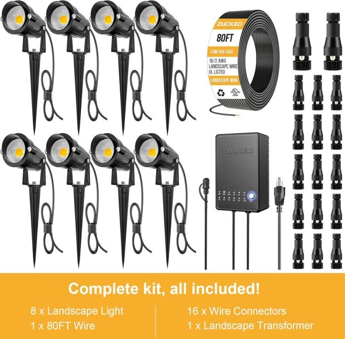 ZUCKEO All-in-One Landscape Lighting Kit, 5W LED Low Voltage Landscape Lights with Transformer and 80FT Wire, Waterproof Outdoor Spotlight with Connectors for Yard Garden House, 3000K 12-24V 8Pack - Image 5