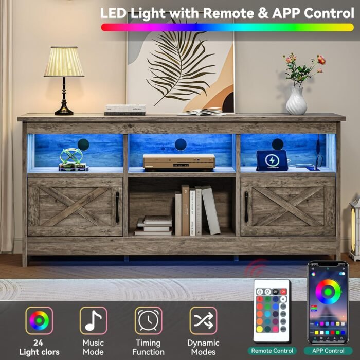 YITAHOME Farmhouse TV Stand with Power Outlet, Entertainment Center, LED Light Media Console, Simple TV Cabinet for Living Room or Bedroom, Rustic Grey 59 Inch - Image 5