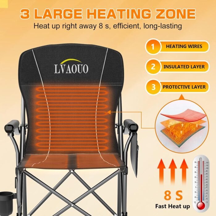 Heated Camping Chair, with 20000 mAh 12V Battery Pack, Weight Bearing 600 lbs for Camp, 3 Heat Levels and 3 Zone Heating, Heated Folding Chairs Outdoor Sports, Lawn, Fishing, Black - Image 4