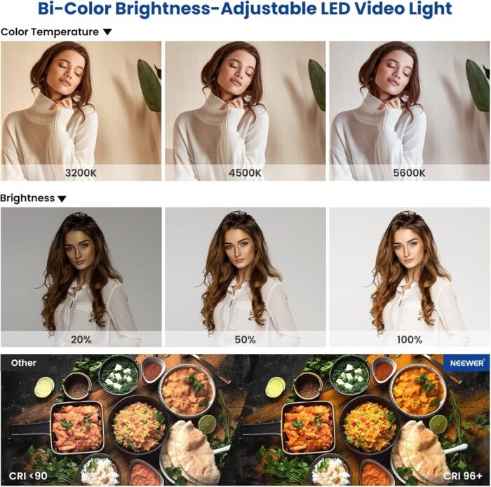 NEEWER 2 Pack Bi Color 660 LED Video Light and Stand Kit: (2) 3200-5600K CRI 96+ Dimmable Light with U Bracket and Barndoor, (2) 75 inches Light Stand for Studio Photography, Video Recording (Black) - Image 5