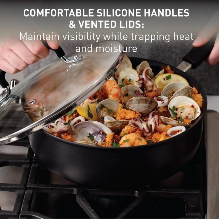 T-fal Ultimate Hard Anodized Nonstick Cookware Set 17 Piece, Oven Broiler Safe 400F, Lid Safe 350F, Kitchen Cooking Set w/ Fry Pans, Saucepans, Saute Pan, Griddle, Pots and Pans, Dishwasher Safe Black - Image 6