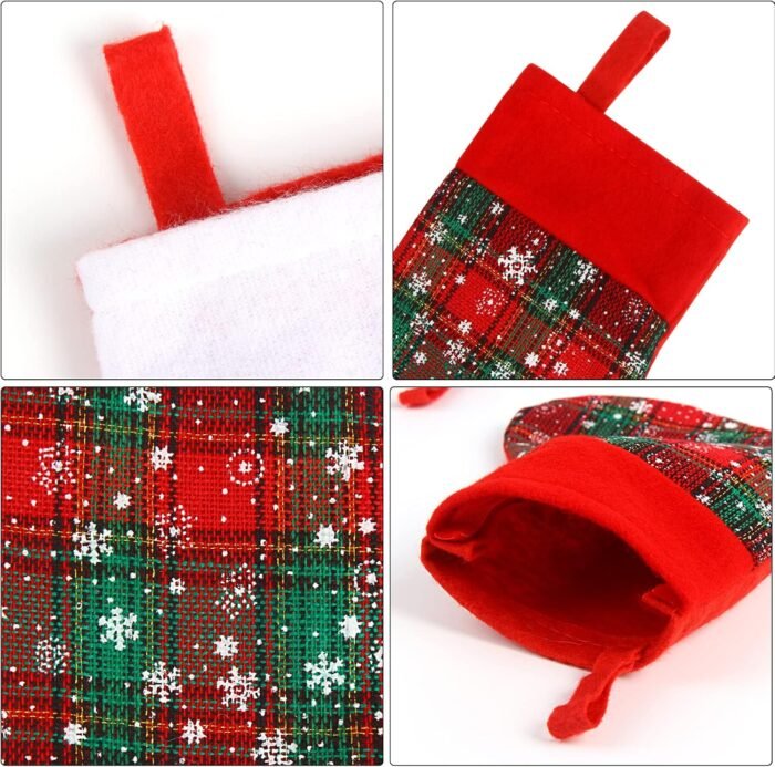 DIYASY Mini Christmas Stockings, 12 Pack Small Buffalo Plaid Stocking Snowflake Red Green Stockings Bulk for Christmas Tree Ornament Decorations Gift Holder（8Inches） - Image 3