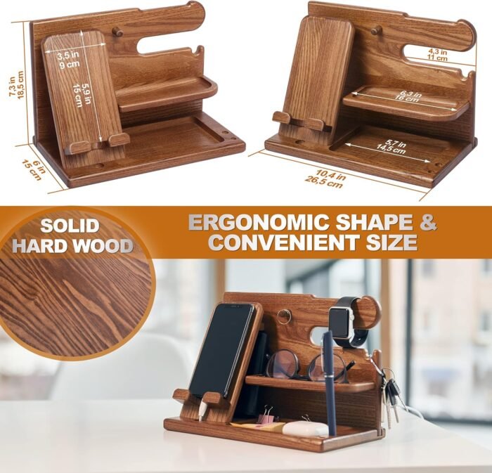 TESLYAR Wood Phone Docking Station for Men - Desk Accessories & Workspace Organizer - Nightstand Organizer - Birthday Gifts for Men or Dad - Idea for Anniversary - Key Holder - Stand Watch (Beige) - Image 5