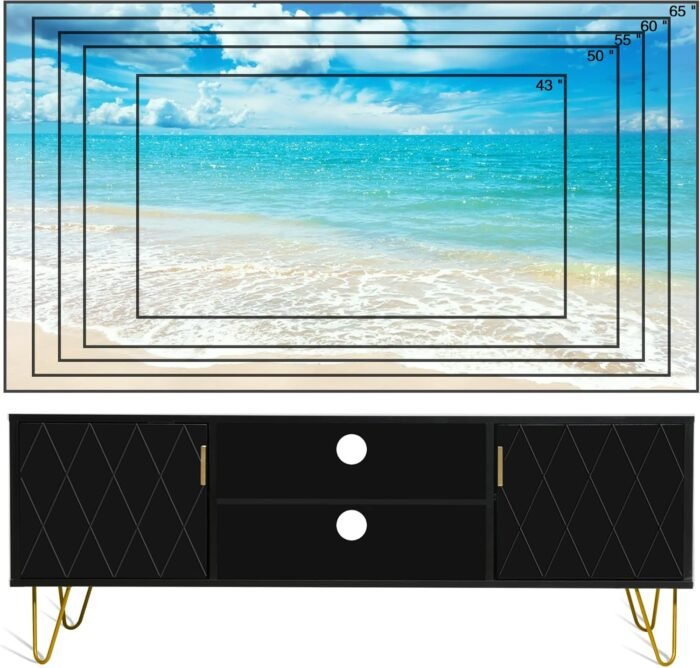 Anbuy Entertainment Center Black Media Console Wood TV Console Media Cabinet with 2 Storage Cabinet and Shelves Home TV Stand for Living Room Support TV up to 65 inch Wood TV Cabinet (Black) - Image 2