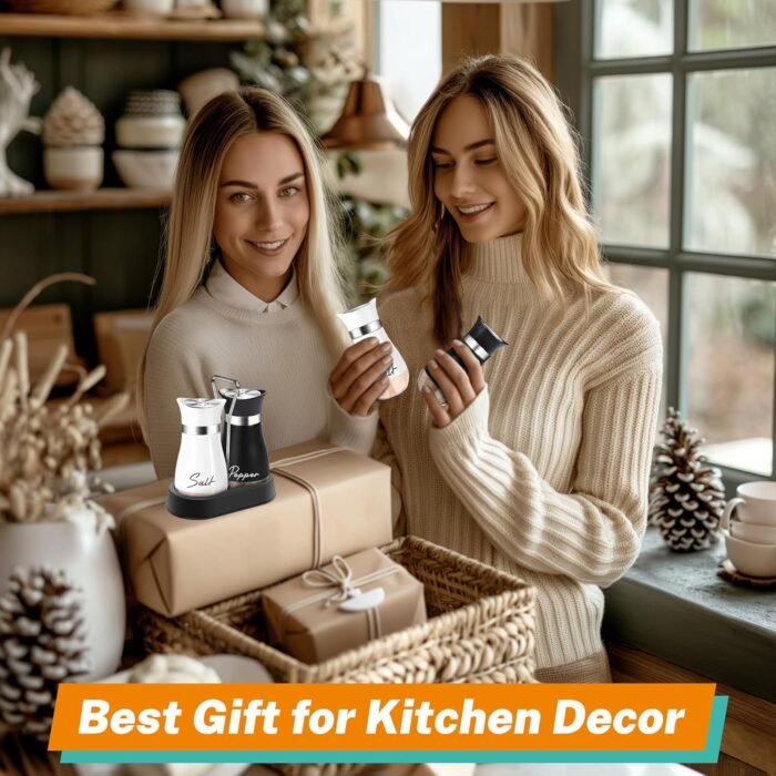 Salt and Pepper Shakers Set with Holder,4 oz Bottom Salt Shaker with Stainless Steel Lid for Kitchen Gadgets Cooking Table Housewarming Gift Christmas Decor Refillable Design (Black + White) - Image 6
